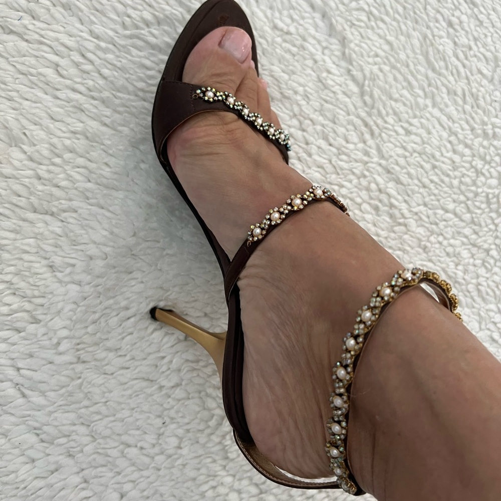 Vicini Italian sandals size 38. Satin Brown with crystals, ankle strap